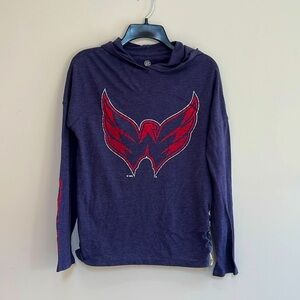 NHL Licensed Women's Washington Capitals Long Sleeve Hoodie T-Shirt, Navy/Red, S